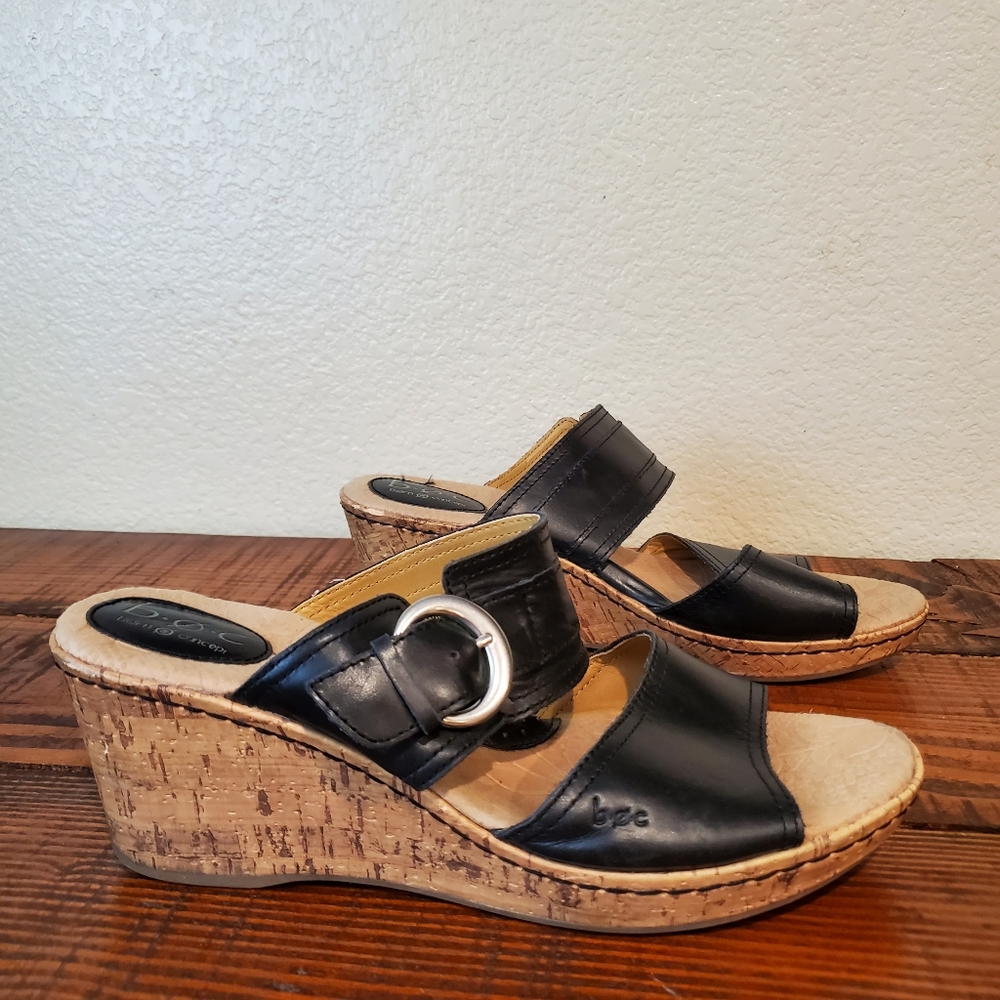 BOC Black Cork Wedges Leather Boho Sandals